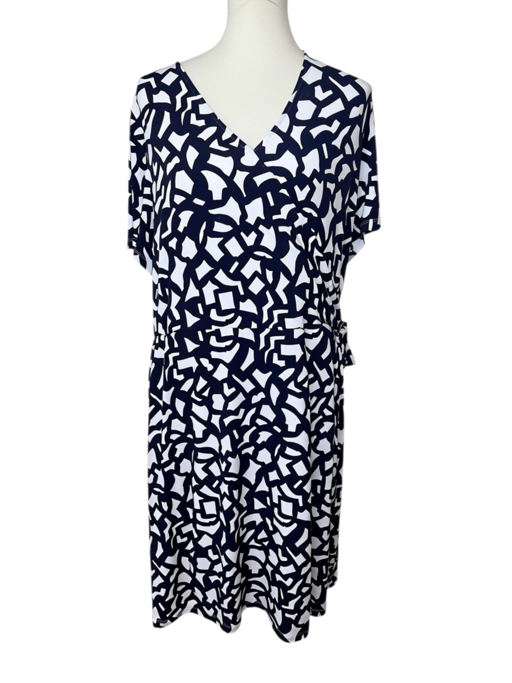 Susan Graver XL Navy White Abstract Print Faux Wrap Dress Stretch Knit